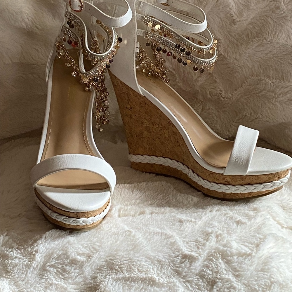White Embellished wedge pump with cork heel